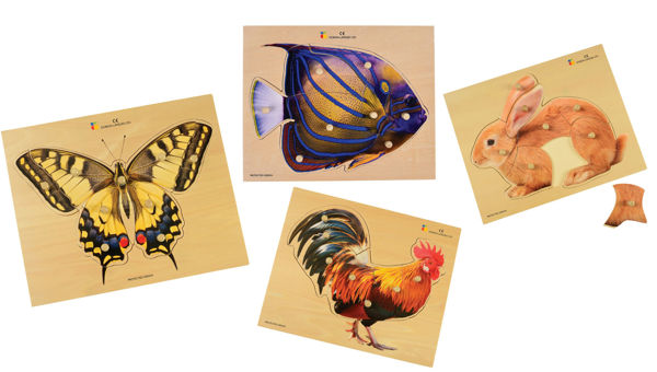 Picture of Large Knob Wood Puzzle set of 4- Fish, Butterfly, Rooster, Bunny